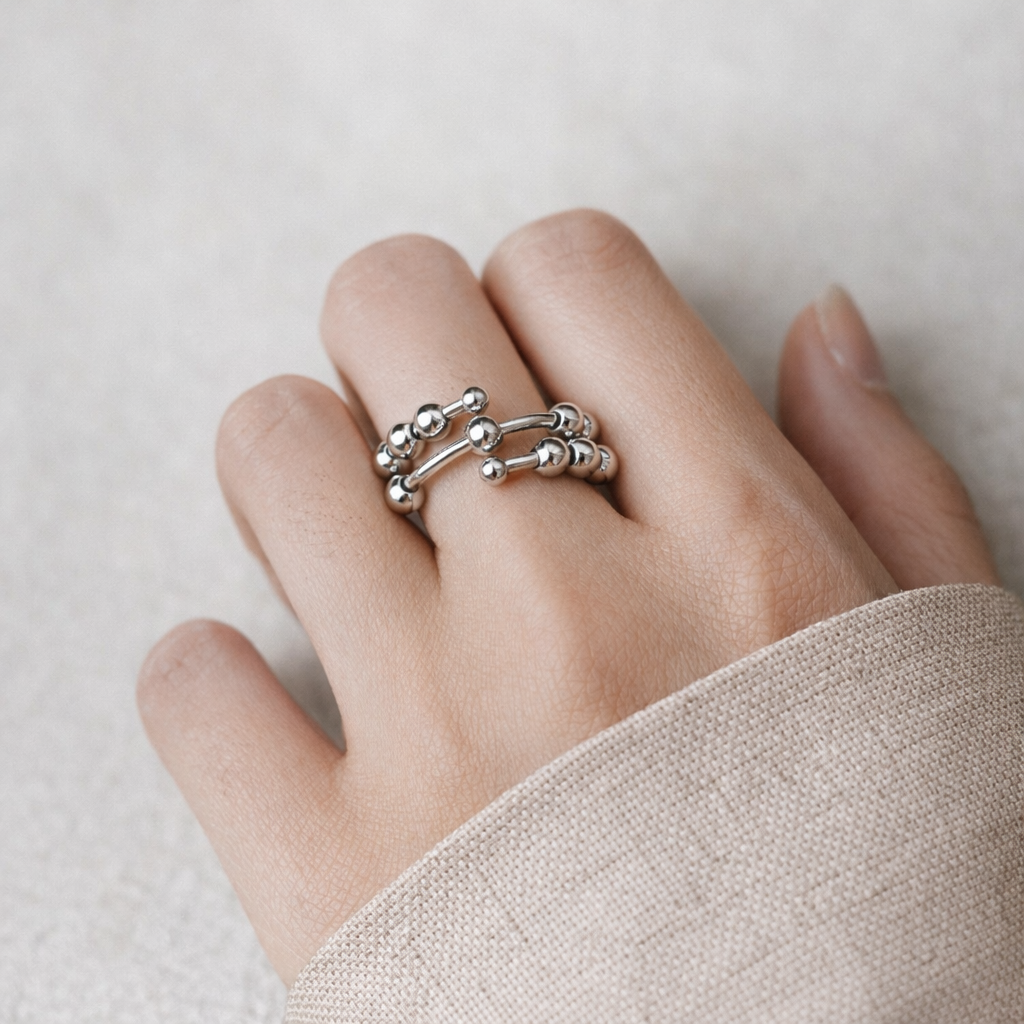 Nolvre | Women’s Adjustable Beaded Ring – Stainless Steel