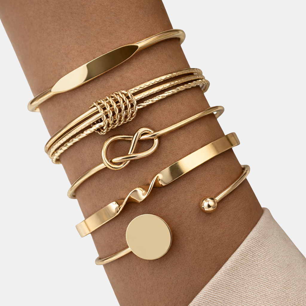 Nolvre | Women’s Open Bangle Bracelet Set – Polished Alloy Metal